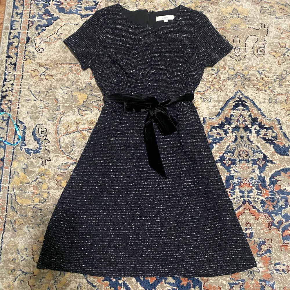 Loft dress black with white flecks and velvet black belt